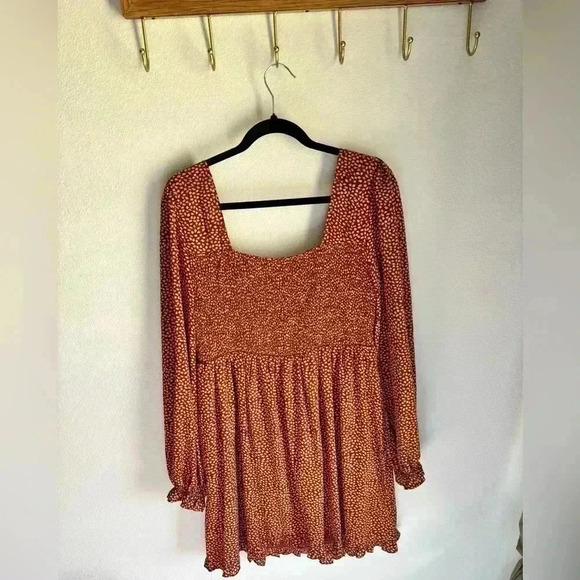 Boho ruched orange mini dress with long sleeves! - Picture 5 of 9